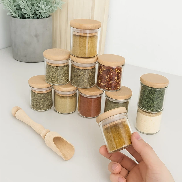 Set of 12 small round spice jars with bamboo lids