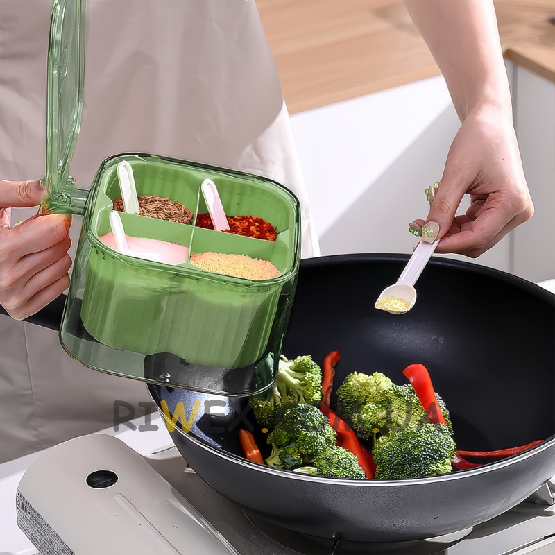 Green multi-compartment seasoning box for cooking