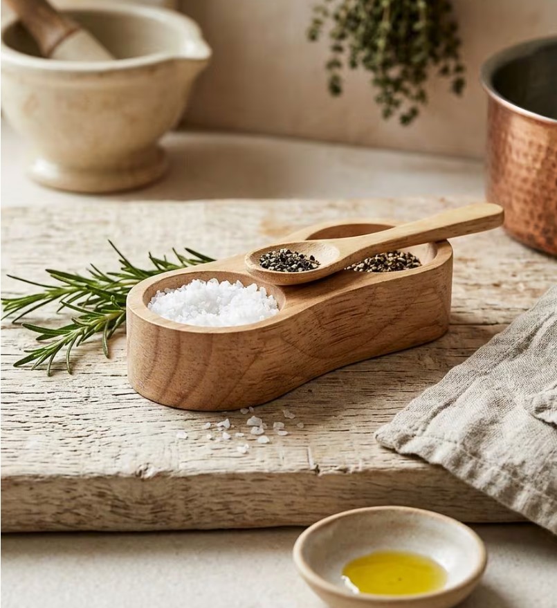 Solid wooden salt and pepper cellar with spoon