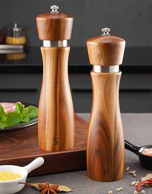 Solid acacia wood pepper and salt mills pair
